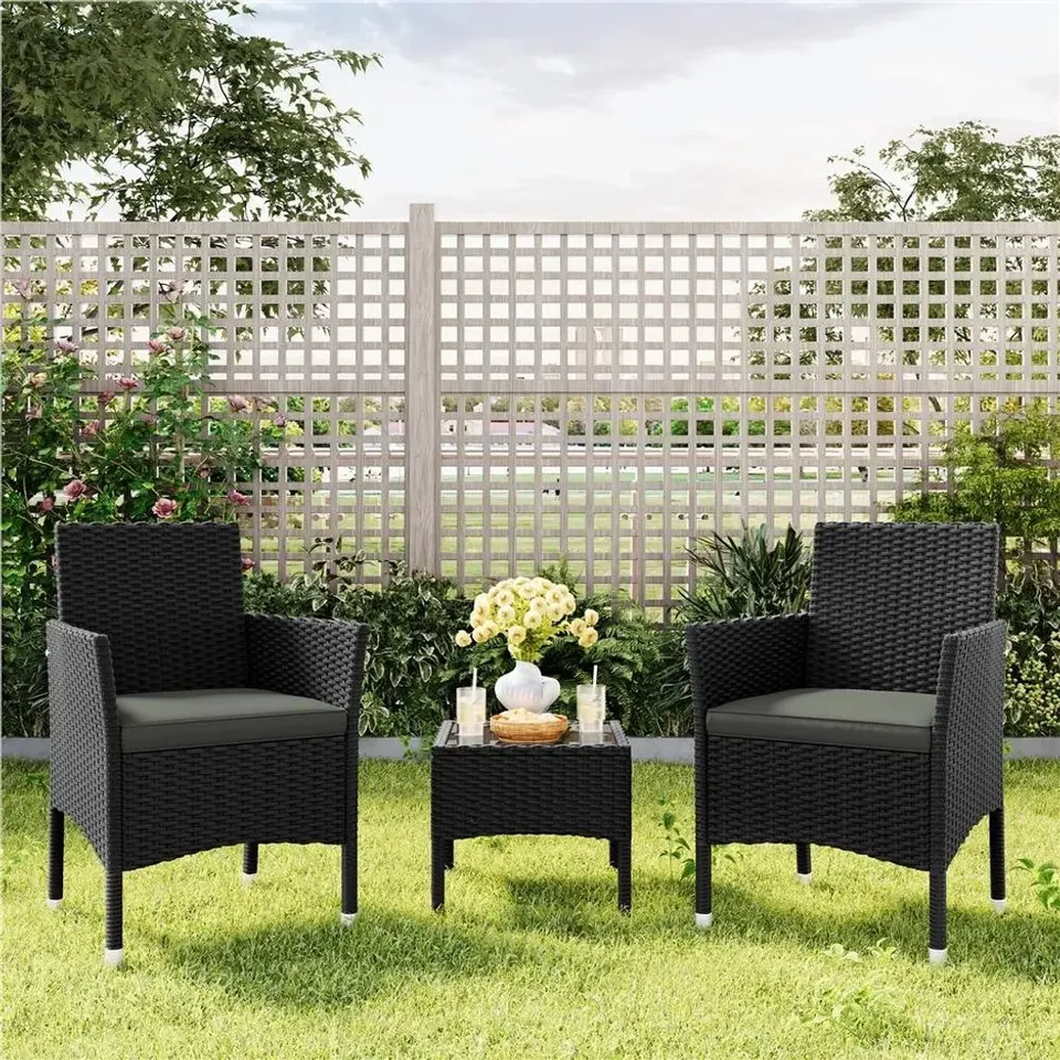 BOXED YAHEETECH 2-PIECE SET OF GARDEN CHAIRS 58×58×84 CM – BLACK/GREY – POLYRATTAN GARDEN CHAIRS WITH SEAT AND BACK CUSHIONS
