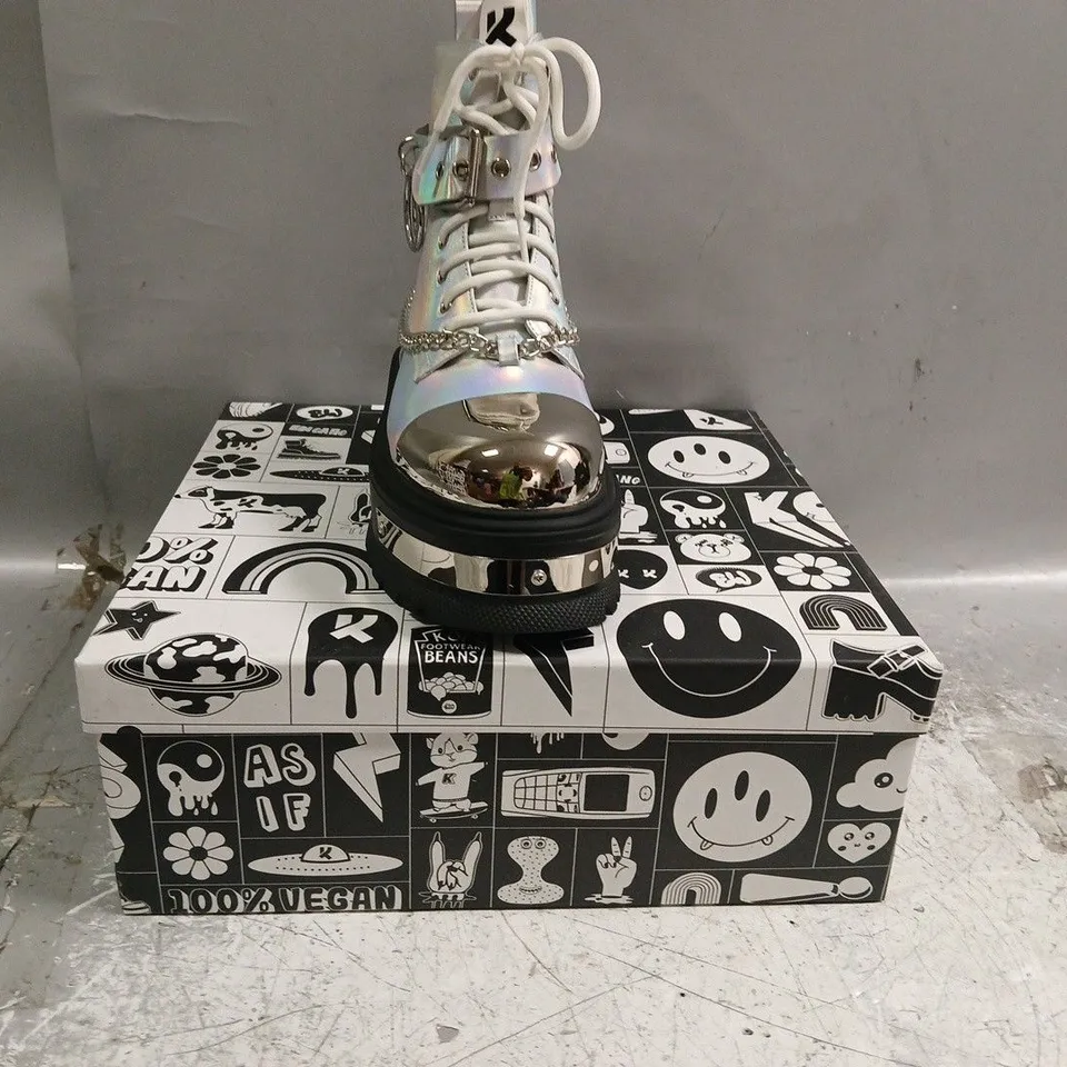 BOXED PAIR OF KOI BORIN HARDWARE PLATFORM BOOTS IN SILVER HOLOGRAM SIZE UK 4