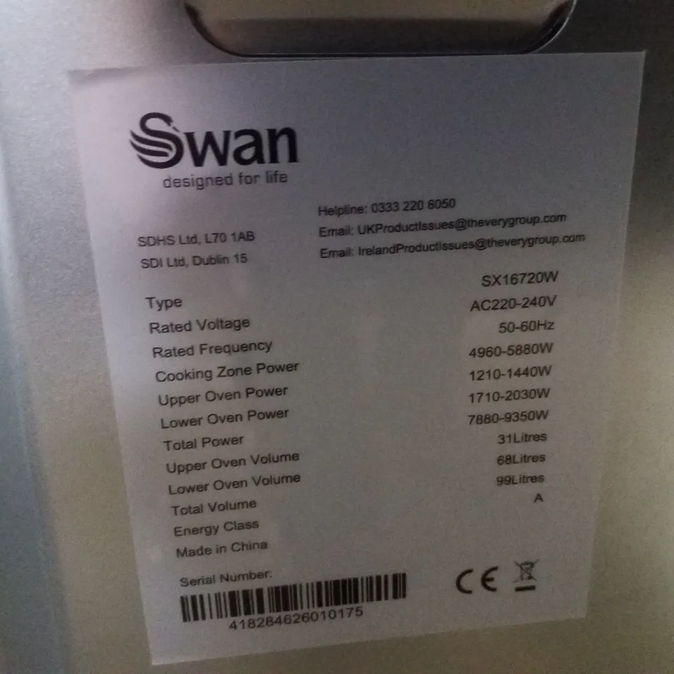 SWAN SX16720W 60CM ELECTRIC TWIN OVEN CERAMIC HOB COOKER - WHITE