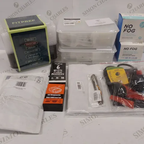 11 BRAND NEW ITEMS TO INCLUDE: 2 BOXES OF NO FOG HIGH PERFORMANCE CLEANING WIPES, 2 ICE CUBE TRAYS, SET OF FITPREP MEAL CONTAINERS
