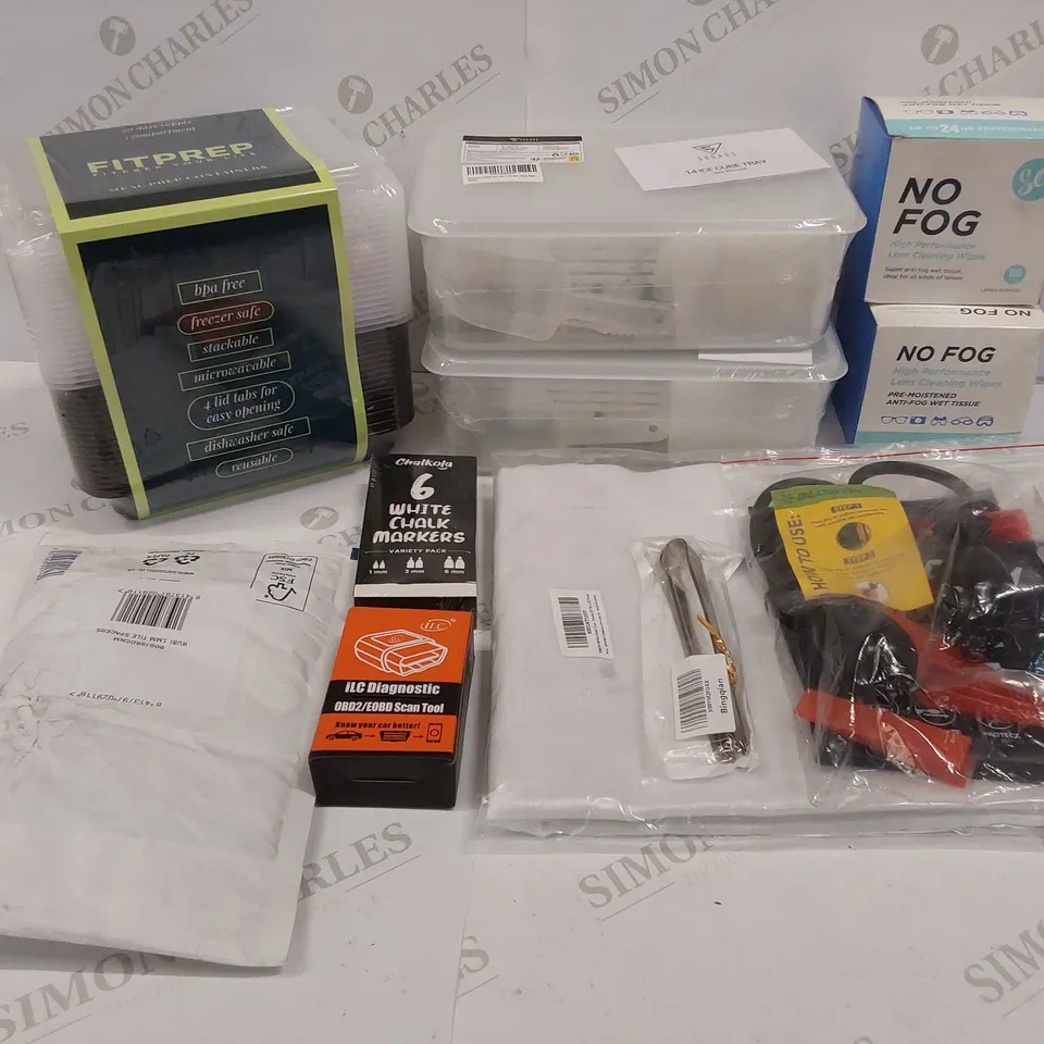 11 BRAND NEW ITEMS TO INCLUDE: 2 BOXES OF NO FOG  HIGH PERFORMANCE CLEANING WIPES, 2 ICE CUBE TRAYS, SET OF FITPREP MEAL CONTAINERS