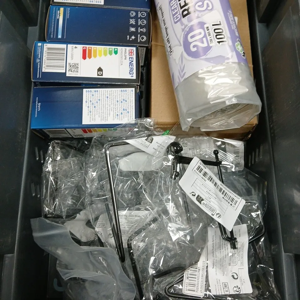 APPROXIMATELY 10 HOUSEHOLD ITEMS TO INCLUDE MESH NEBULIZER, CLEAR REFUSE BAGS, PHILIPS LED BULB, ETC