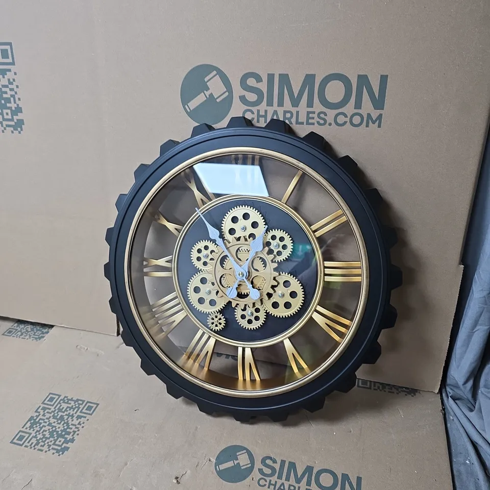 SKELETON GEAR WALL CLOCK – BLACK FRAME WITH GOLD ROMAN NUMERALS
