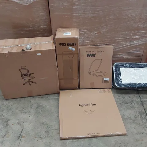 PALLET OF ASSORTED ITEMS INCLUDING: SPACE HEATER, OFFICE CHAIR, ELECTRIC BLANKET, STAR SHAPED LIGHT, TOILET SEAT