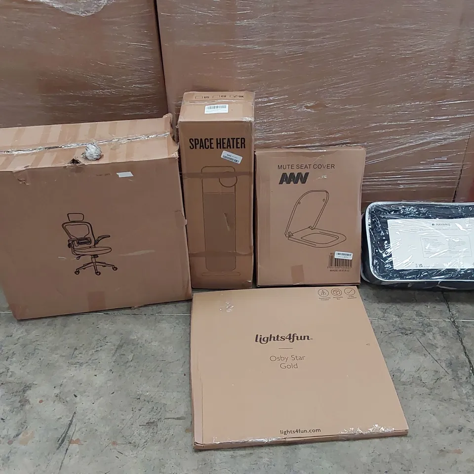 PALLET OF ASSORTED ITEMS INCLUDING: SPACE HEATER, OFFICE CHAIR, ELECTRIC BLANKET, STAR SHAPED LIGHT, TOILET SEAT
