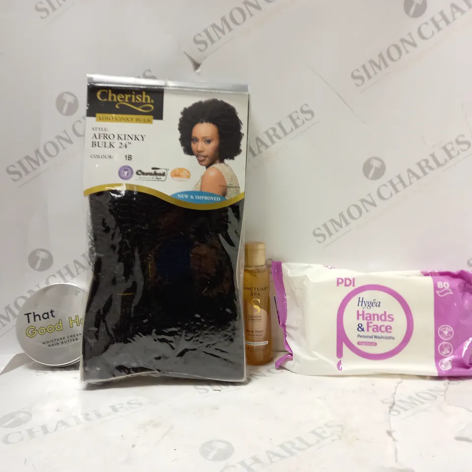 BOX OF APPROX 7 ASSORTED HEALTH AND BEAUTY ITEMS TO INCLUDE - HYGEA HANDS & FACE WASHCLOTHES - CHERISH KINKY BULK AFRO - SANCTUARY SPA BODY WASH ECT 
