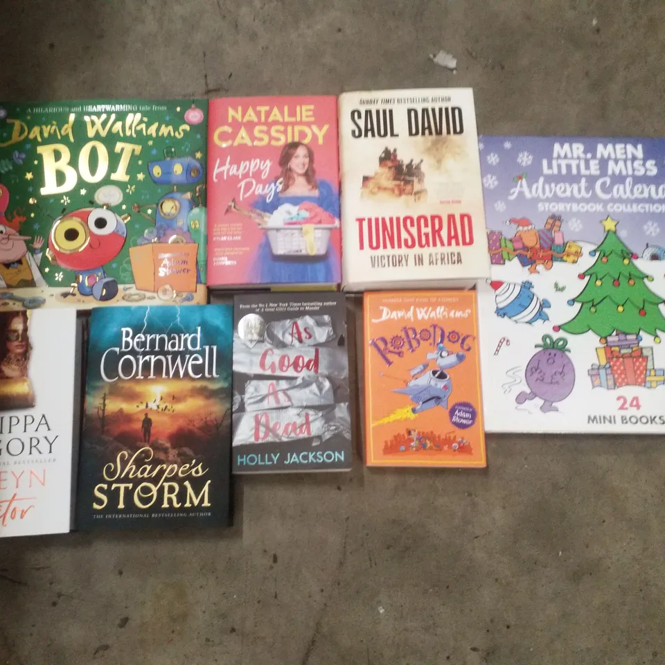 PALLET CONTAINING ASSORTED BOOKS INCLUDING MR. MEN LITTLE MISS ADVENT CALENDAR, ROBODOG, BOLEYN TRAITOR, AS GOOD AS DEAD & SHARPE'S STORM