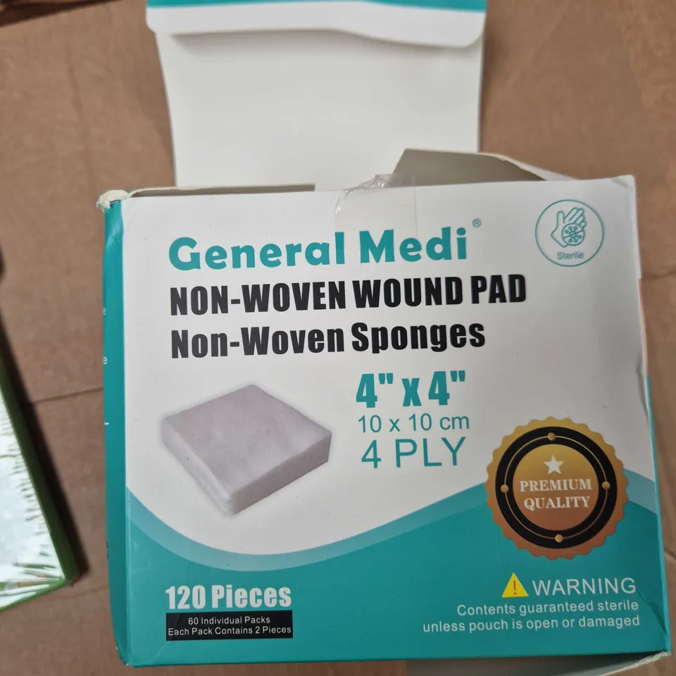 APPROXIMATELY 10 ASSORTED ITEMS INCLUDING EELHOE PAIN RELIEF PATCH AND GENERAL MEDI NON WOVEN WOUND PAD