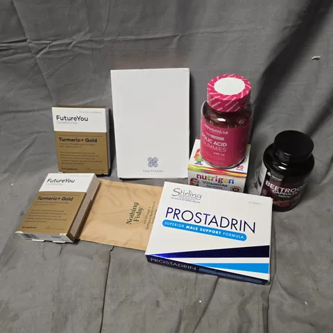 APPROXIMATELY 12 ASSORTED VITAMIN/HEALTH AID PRODUCTS TO INCLUDE FOLIC ACID GUMMIES, BEETROOT CAPSULES, FUTUREYOU TUMERIC GOLD+, ETC - COLLECTION ONLY