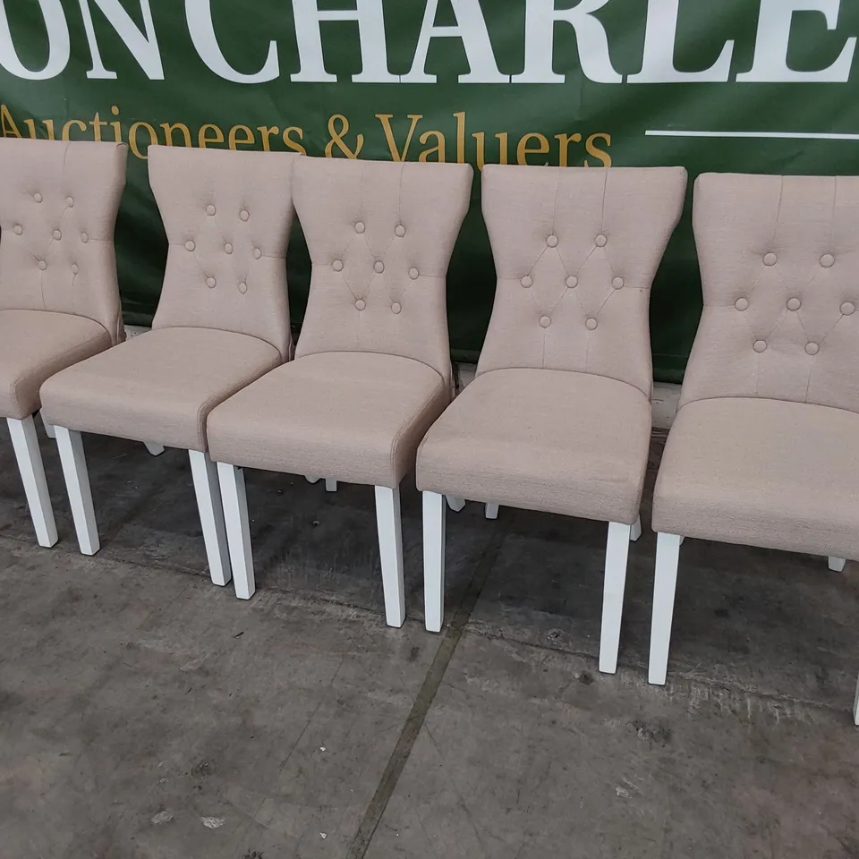 SET OF FIVE UPHOLSTERED BUTTONED BACK DINING CHAIRS BEIGE FABRIC ON WHITE PAINTED LEGS 
