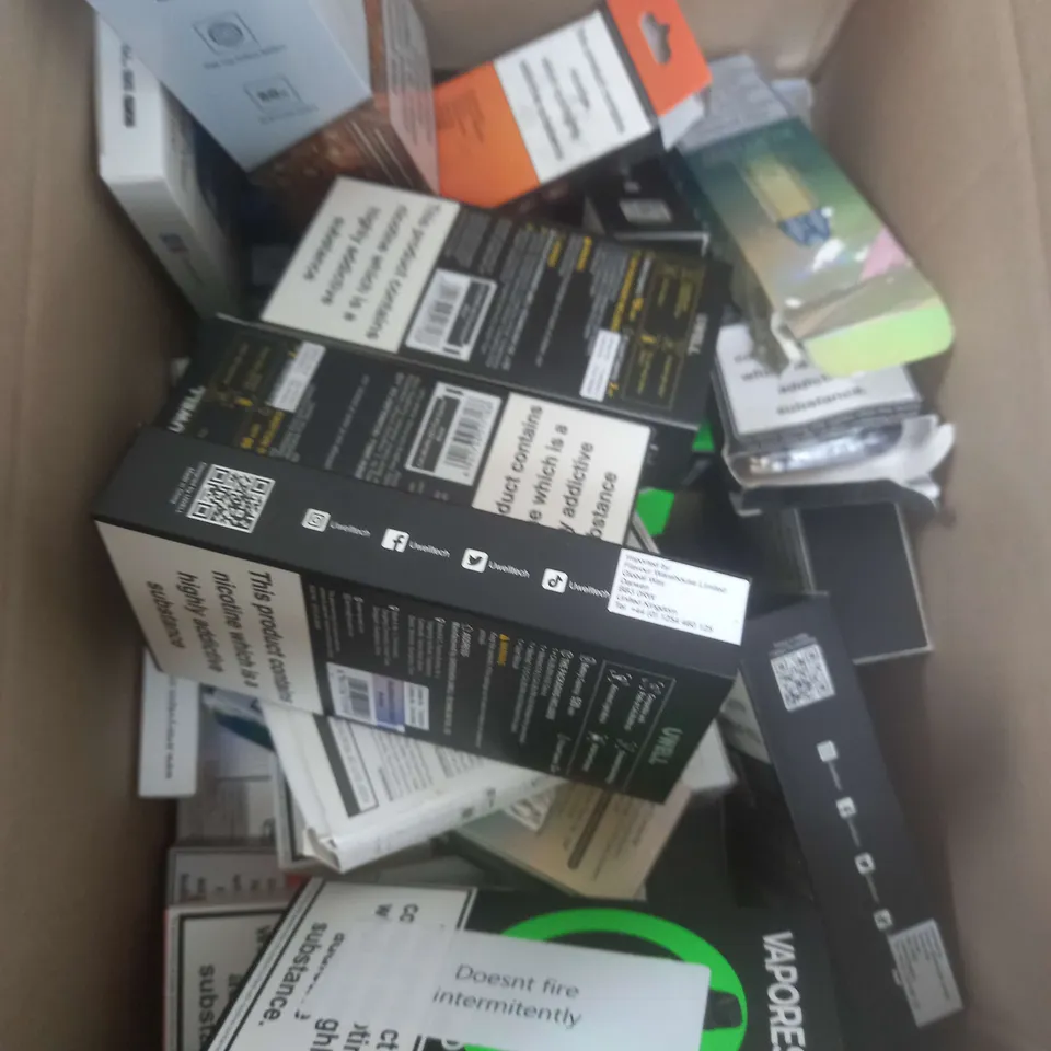 BOX OF APPROXIMATELY 15 ASSORTED E-CIGARATTES TO INCLUDE VAPORESSO, CALIBURN, UWELL ETC