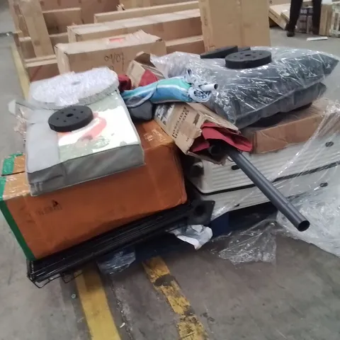 PALLET OF ASSORTED HOUSEHOLD GOODS AND PRODUCTS TO INCLUDE;SUITCASE,DOG CAGE,WEIGHTS,PARASOL,CAMPING CHAIR