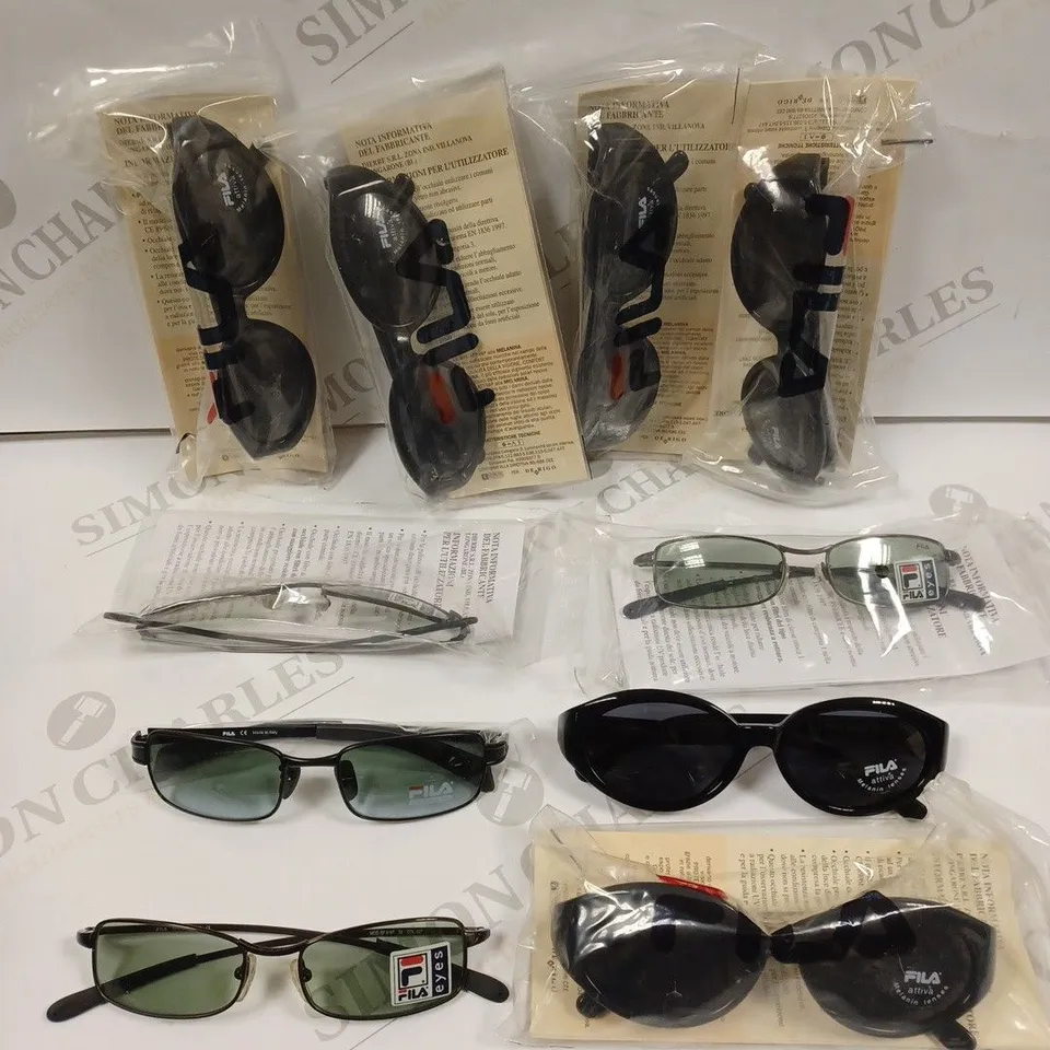 APPROXIMATELY 10 X ASSORTED FILA BRANDED SUNGLASSES. MODELS INCLUDE SF8525, SF8187, SF8134 ETC 