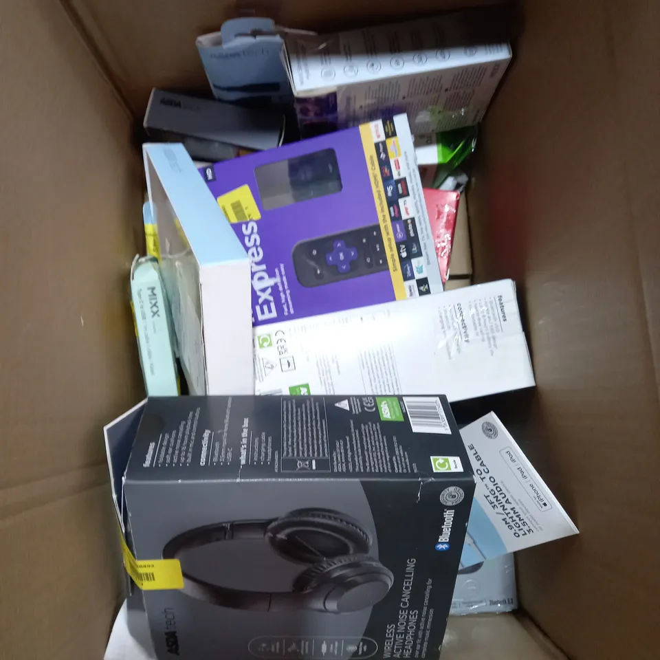 BOX OF APPROXIMATELY 15 ITEMS TO INCLUDE NOISE CANCELLING HEADPHONES, BLUETOOTH NECKBAND, WIRELESS EARBUDS ETC