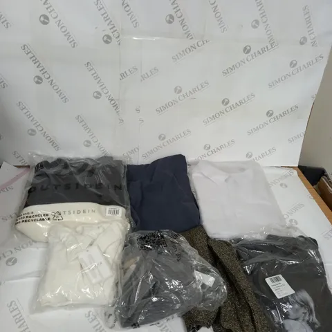 LARGE BOX OF ASSORTED CLOTHING ITEMS IN VARIOUS COLOURS AND SIZES INCLUDING TROUSERS , TOPS AND JUMPERS