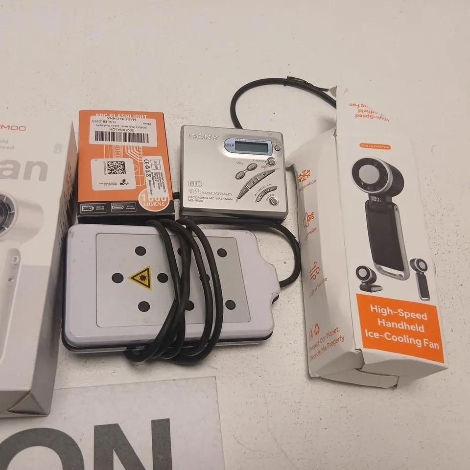 APPROXIMATELY 12 ASSORTED PRODUCTS TO INCLUDE; HIGH SPEED HANDHELD COOLING FAN, SONY MD WALKMAN, EDC FLASH LIGHT, KIMOO HANDHELD HIGH SPEED FAN, RESIDUAL CURRENT DEVICE AND AND DIGITAL BLOOD PRESSURE 