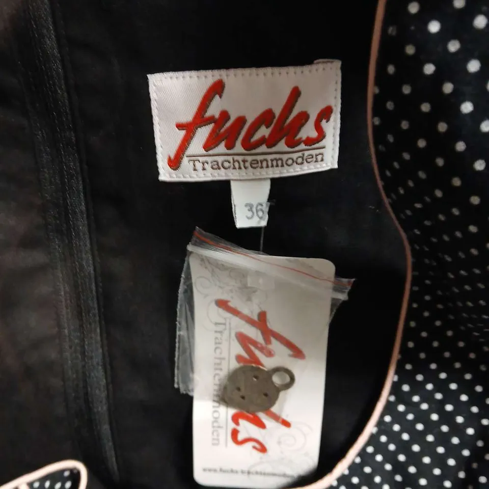 FUCHS TRACHTENMODEN DIRNDL DRESS – BLACK POLKA DOT, PINK TRIM, LACE-UP BODICE, UK 8 (EU 36)