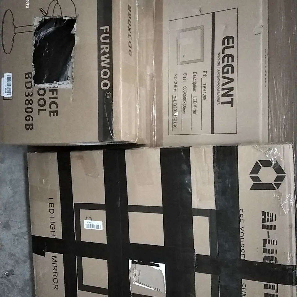 PALLET OF ASSORTED HOUSEHOLD ITEMS TO INCLUDE LED MIRROR, OFFICE STOOL AND FLOOR LAMP
