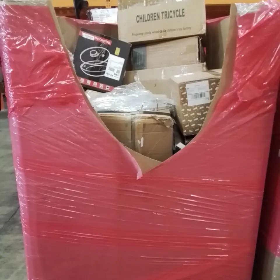 PALLET CONTAINING VARIOUS ASSORTED BOXED HOUSEHOLD ITEMS TO INCLUDE: COOKWARE SET, CHILDREN'S TRICYCLE, CHEST OF DRAWERS, KIDS BOOSTER SEAT AND LOTS MORE UNMARKED BOXED ITEMS 