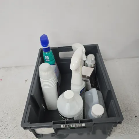 TOTE OF APPROXIMATELY 8 ASSORTED LIQUIDS TO INCLUDE: BISSEL MULTI SURFACE CLEANSER
