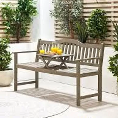 BOXED RICHMOND ANTIQUE GREY OUTDOOR BENCH WITH POP UP TABLE (1 BOX)