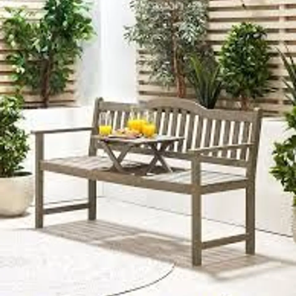BOXED RICHMOND ANTIQUE GREY OUTDOOR BENCH WITH POP UP TABLE (1 BOX)