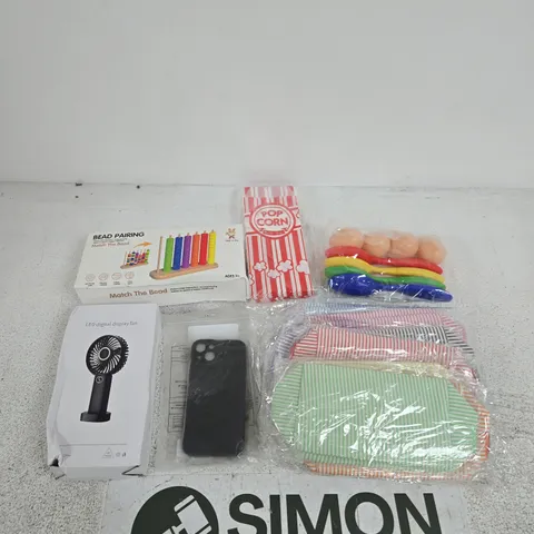 BOX OF APPROXIMATELY 15 ASSORTED ITEMS INCLUDING SOME SMALL BAGS, EGGS AND SPOONS AND POPCORN BAGS