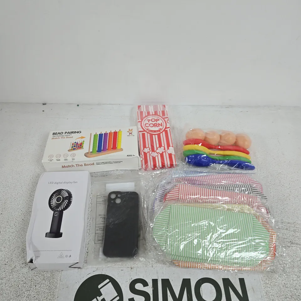BOX OF APPROXIMATELY 15 ASSORTED ITEMS INCLUDING SOME SMALL BAGS, EGGS AND SPOONS AND POPCORN BAGS