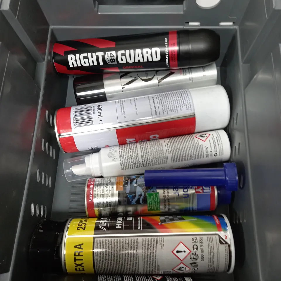 BOX OF APPROXIMATELY 10 ASSORTED AEROSOLS TO INCLUDE - NO NONSENSE CONTACT SPRAY ADHESIVE - MOTIP HIGH GLOSS BLACK - CARFUME ALIEN SURGE CAR FRAGRANCE - ETC - COLLECTION ONLY