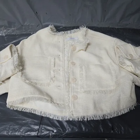 MICHELLE KEEGAN FRINGE COLLARLESS JACKET - BEIGE 