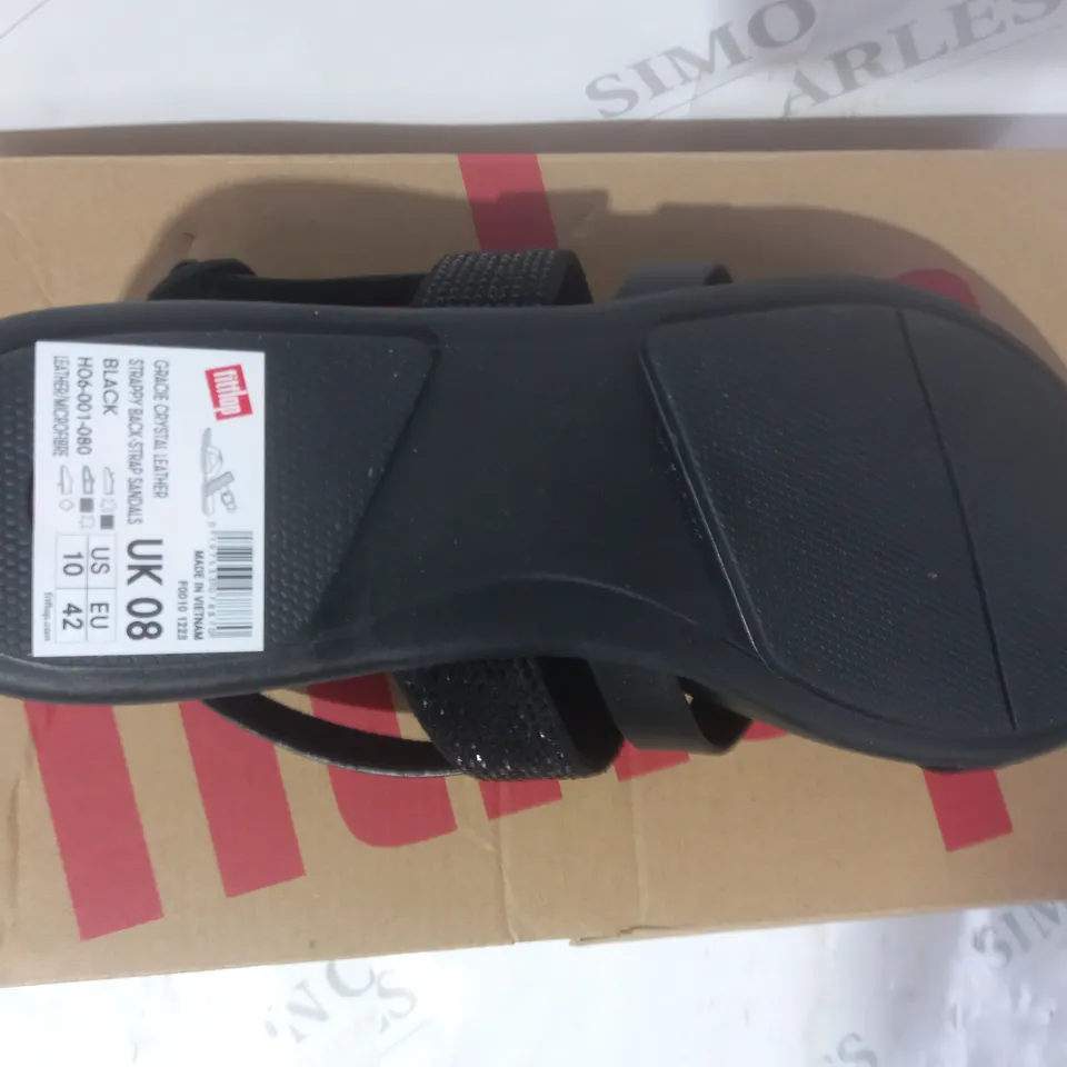 BOXED PAIR OF FITFLOP GRACIE CRYSTAL LEATHER OPEN TOE STRAPPY FLAT SANDALS IN BLACK UK SIZE 8