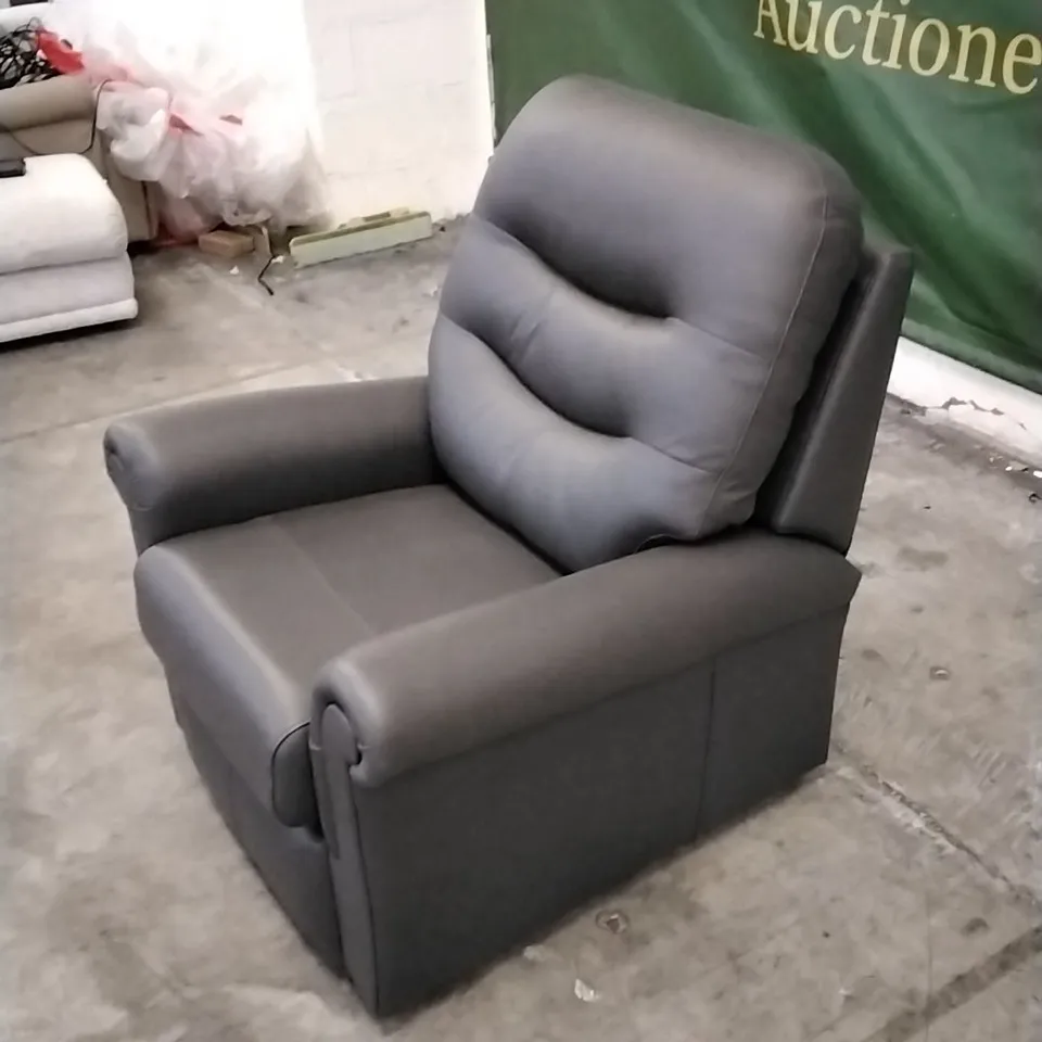 QUALITY BRITISH DESIGNED & MANUFACTURED G PLAN HOLMES SMALL ARMCHAIR CAMBRIDGE SLATE LEATHER