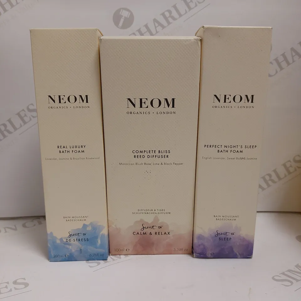 LOT OF NEOM PRODUCTS TO INCLUDE REAL LUXURY BATH FOAM, PERFECT NIGHT'S SLEEP BATH FOAM, COMPLETE BLISS REED DIFFUSER