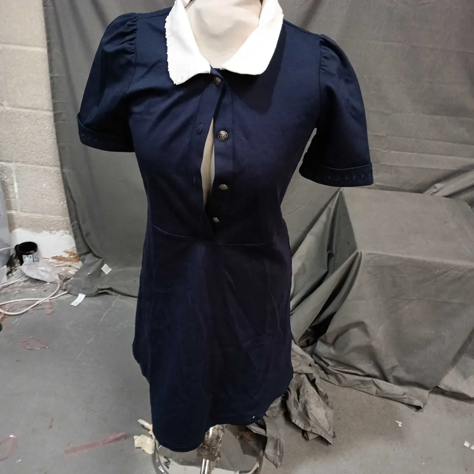 CHILDS NAVY DRESS WITH WHITE PETER PAN COLLAR AND PUFF SLEEVES