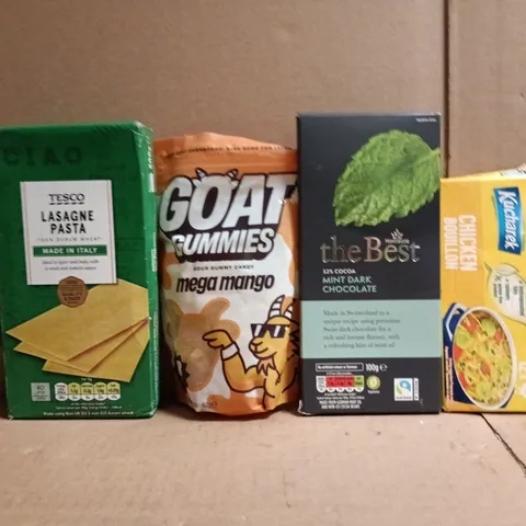 APPROXIMATELY 10 ASSORTED FOOD AND DRINK ITEMS TO INCLUDE LASASGNE PASTA, GOAT GUMMIES, ETC