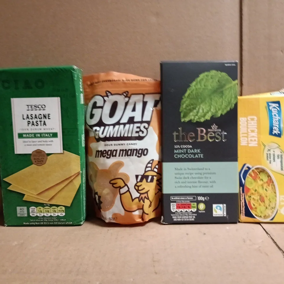 APPROXIMATELY 10 ASSORTED FOOD AND DRINK ITEMS TO INCLUDE LASASGNE PASTA, GOAT GUMMIES, ETC