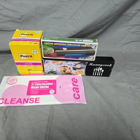 APPROXIMATELY 15 ASSORTED HOUSEHOLD ITEMS TO INCLUDE POST- IT COLOURFUL NOTES, HUNNYCOOK CUTLERY AND LIGHTING AMPHIBIOUS STERILIZATION LAMP