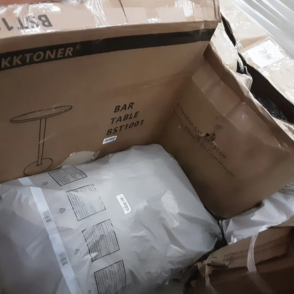PALLET OF ASSORTED PRODUCTS INCLUDING KKTONER BAR TABLE, ERGONOMIC CHAIR WITH COAT HANGER, AIR COOLER, BLACK GLASS IN, TIYASTUN POP-UP TENT, TICKET RGB GAMING KEYBOARD AND MOUSE