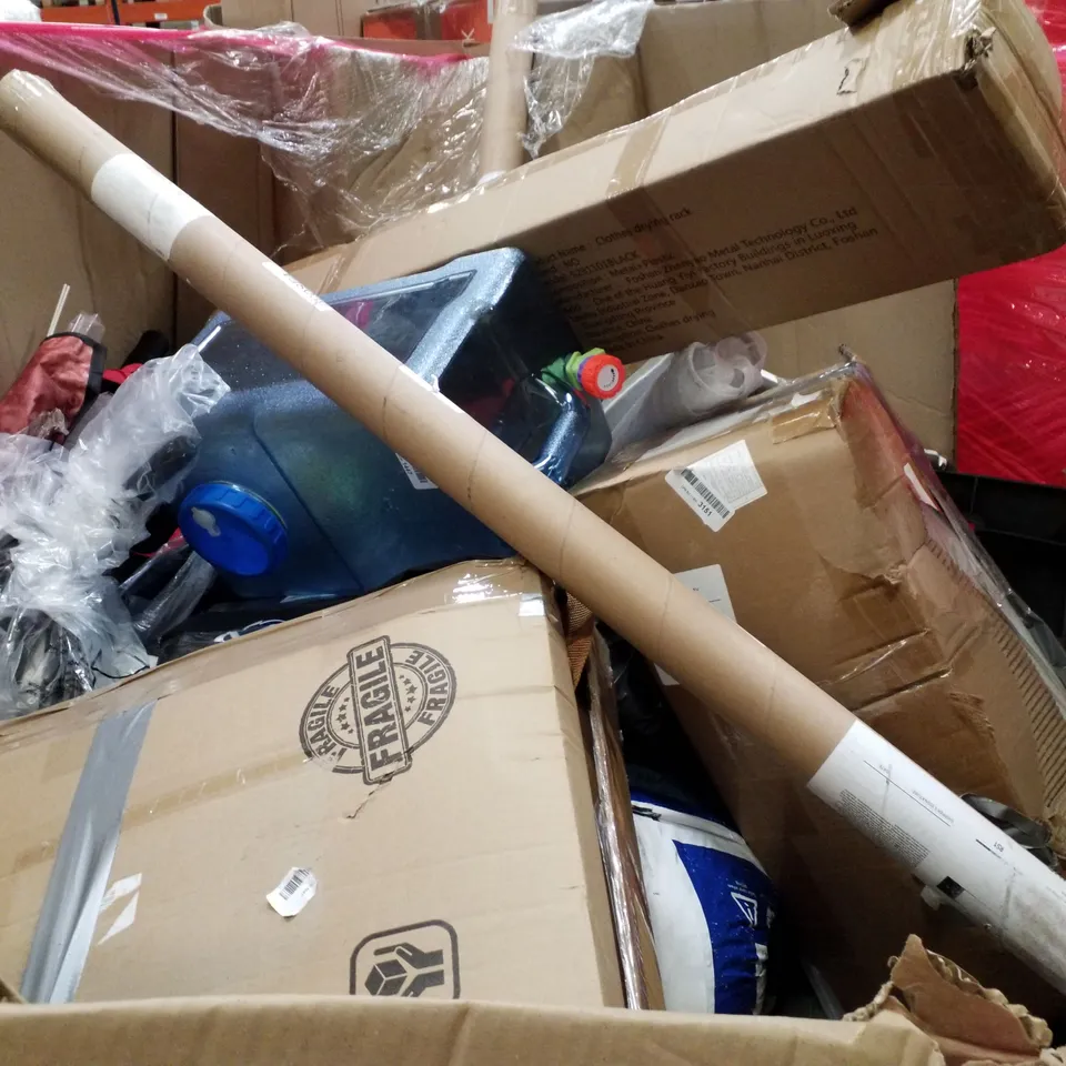 PALLET OF ASSORTED PRODUCTS INCLUDING FOLD SOCCER GOAL, MINI EXERCISE BIKE, WINDOW FILM, CLOTHES RAIL, WHITEBOARD 