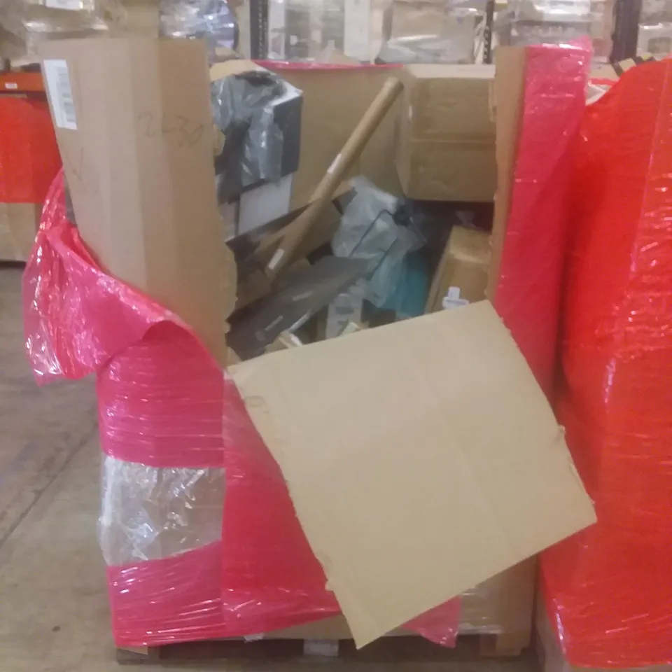 PALLET OF ASSORTED HOUSEHOLD PRODUCTS AND ITEMS, INCLUDING; TURNTABLE SYSTEM, TOILET SEAT, FOOT SPA, ELECTRIC FIREPLACE HEATER, BOXED FURNITURE ETC 