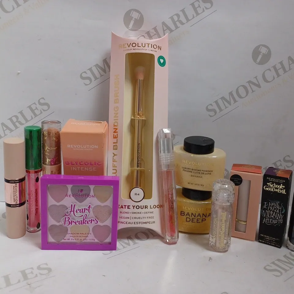 BOX OF APPROX 10 REVOLUTION ITEMS INCLUDING LUXURY BAKING POWDER, DUALITY LIPSTICK AND GLYCOLIC ACID SERUM