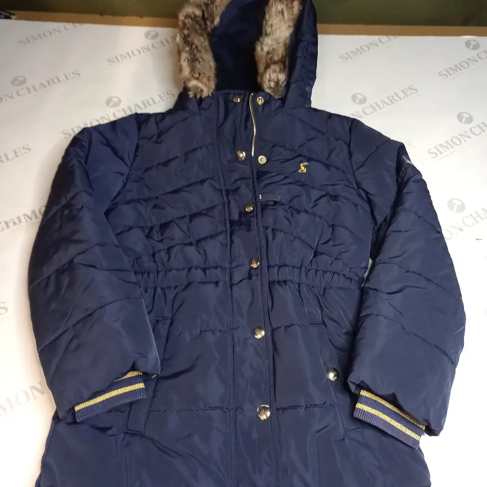 JOULES ZIPPED AND BUTTONED COAT WITH FAIX FUR HOOD SIZE 7 YEARS