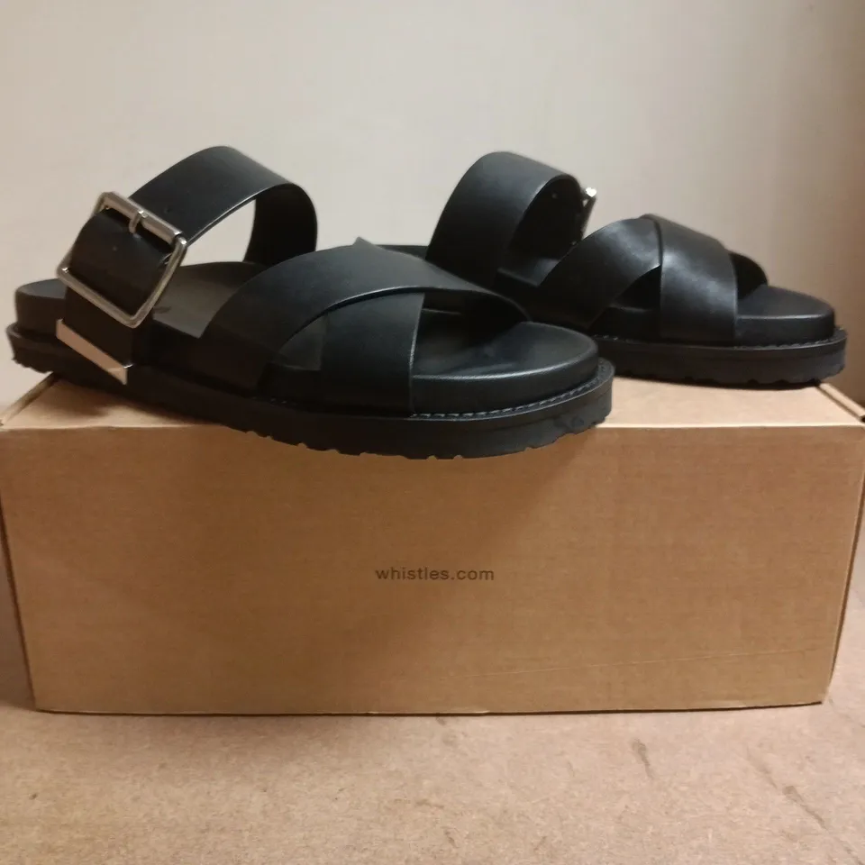 BOXED PAIR OF WHISTLES OPEN TOE SANDALS IN BLACK SIZE EU 39