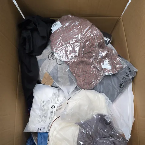 LARGE BOX OF APPROXIMATELY 25 ASSORTED CLOTHING ITEMS IN VARIOUS COLOURS, STYLES AND SIZES - COLLECTION ONLY