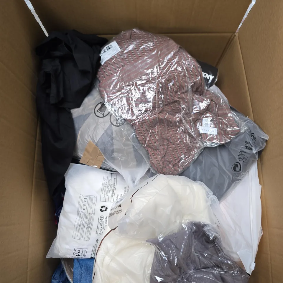 LARGE BOX OF APPROXIMATELY 25 ASSORTED CLOTHING ITEMS IN VARIOUS COLOURS, STYLES AND SIZES - COLLECTION ONLY