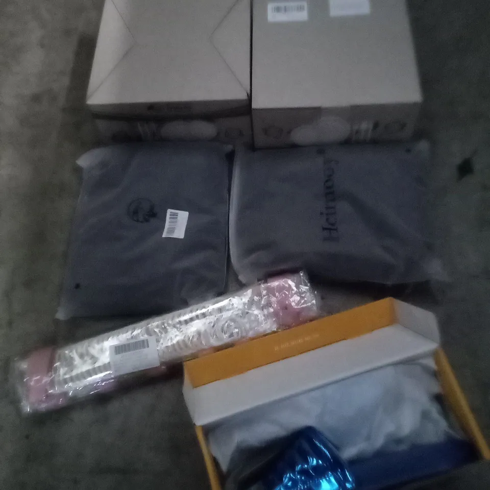 PALLET OF ASSORTED ITEMS INCLUDING BOXED SLIDERS , 200 PC PAPER PLATES , ASSORTED CLOTHES   ETC 