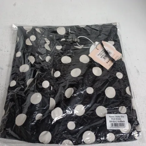 BAGGED GIRL IN MIND NAOMI POLKA SLIP MIDI DRESS IN BLACK/WHITE - SIZE 14