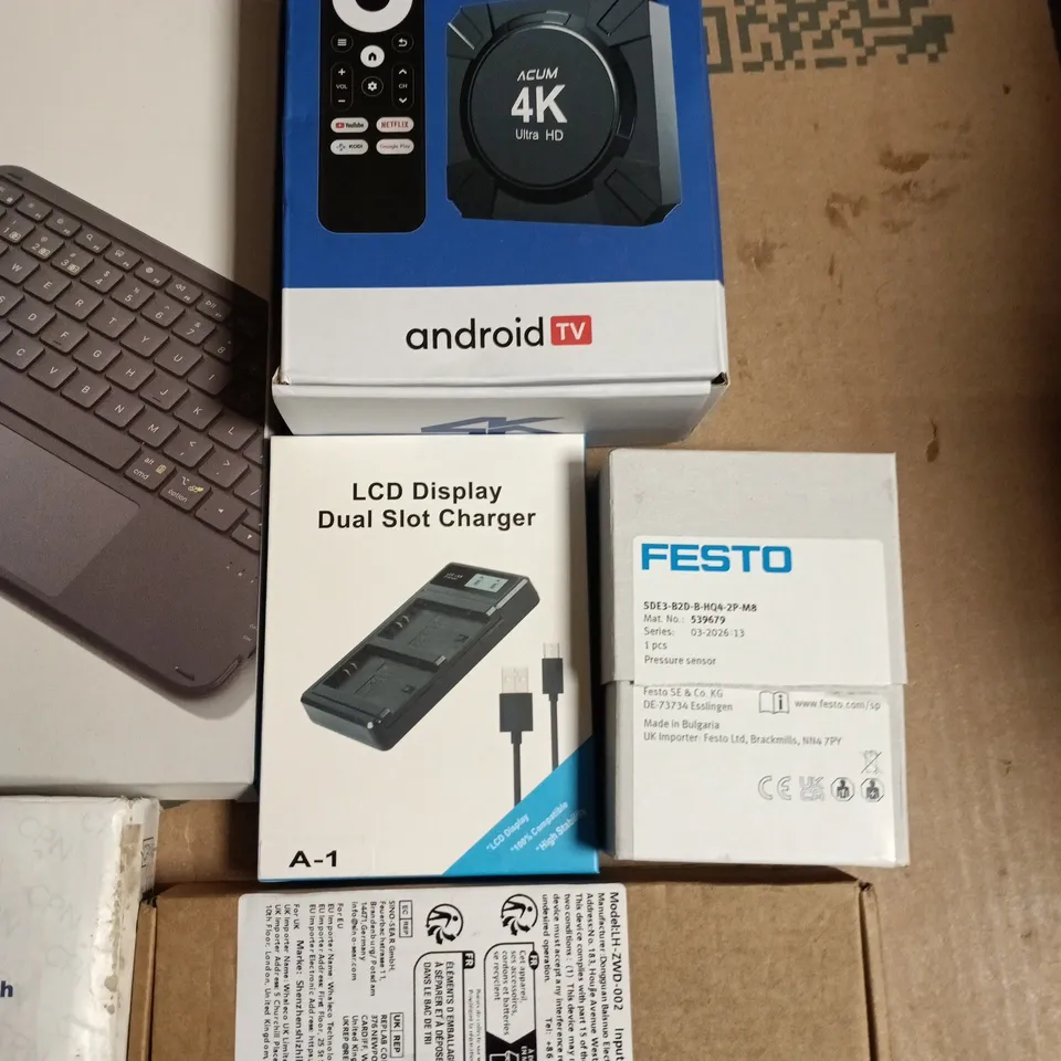 ASSORTED COMPUTER & ELECTRONICS ACCESSORIES BUNDLE: KEYBOARD, ANDROID TV BOX, CHARGER, LTE MODEM & MORE
