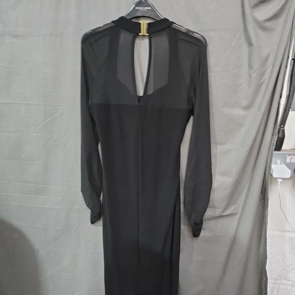 CLUB L LONDON OFF TRACK BLACK BODYCON MIDI DRESS WITH SHEER SLEEVES – UK 14