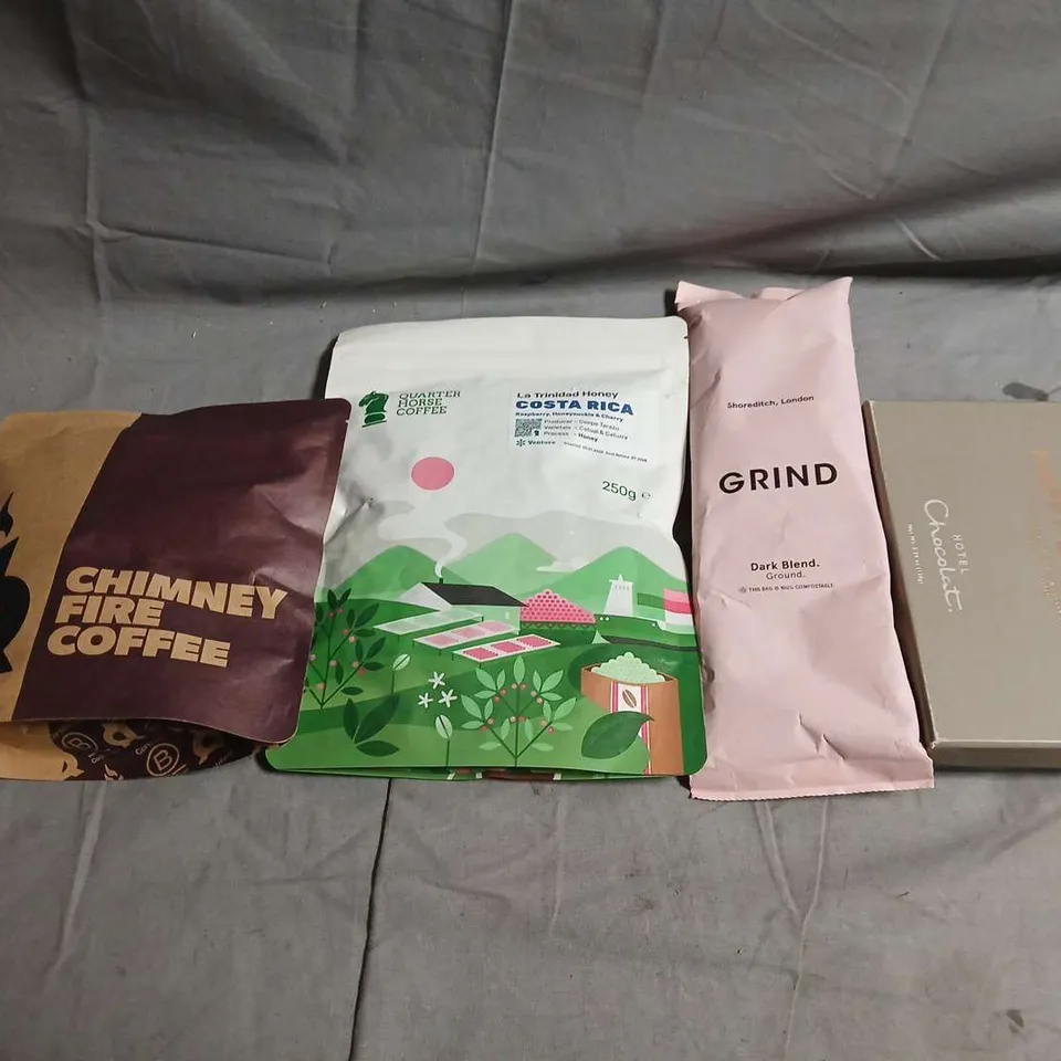 APPROXIMATELY 10 ASSORTED FOOD ITEMS TO INCLUDE - GRIND COFFEE, HOTEL CHOCOLAT AND FIRE COFFEE